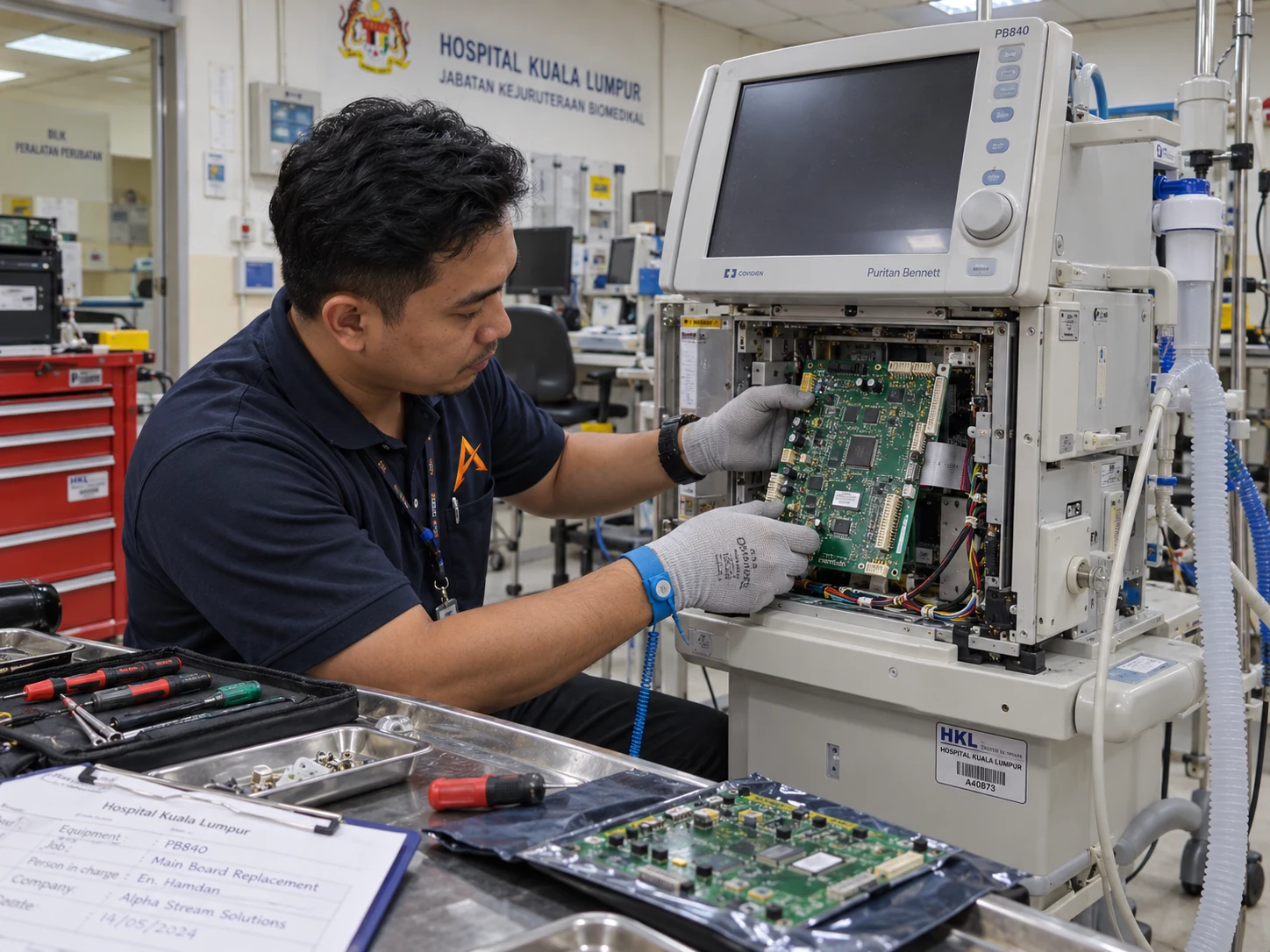 Technician replacing a PB 840 ventilator main board at Hospital Kuala Lumpur
